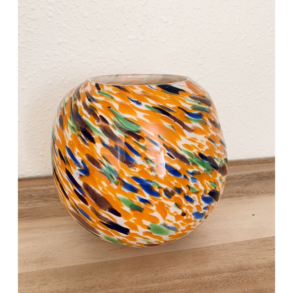 Art Glass Round Ball Globe Sphere Candle Votive Swirls Orange Psychedelic